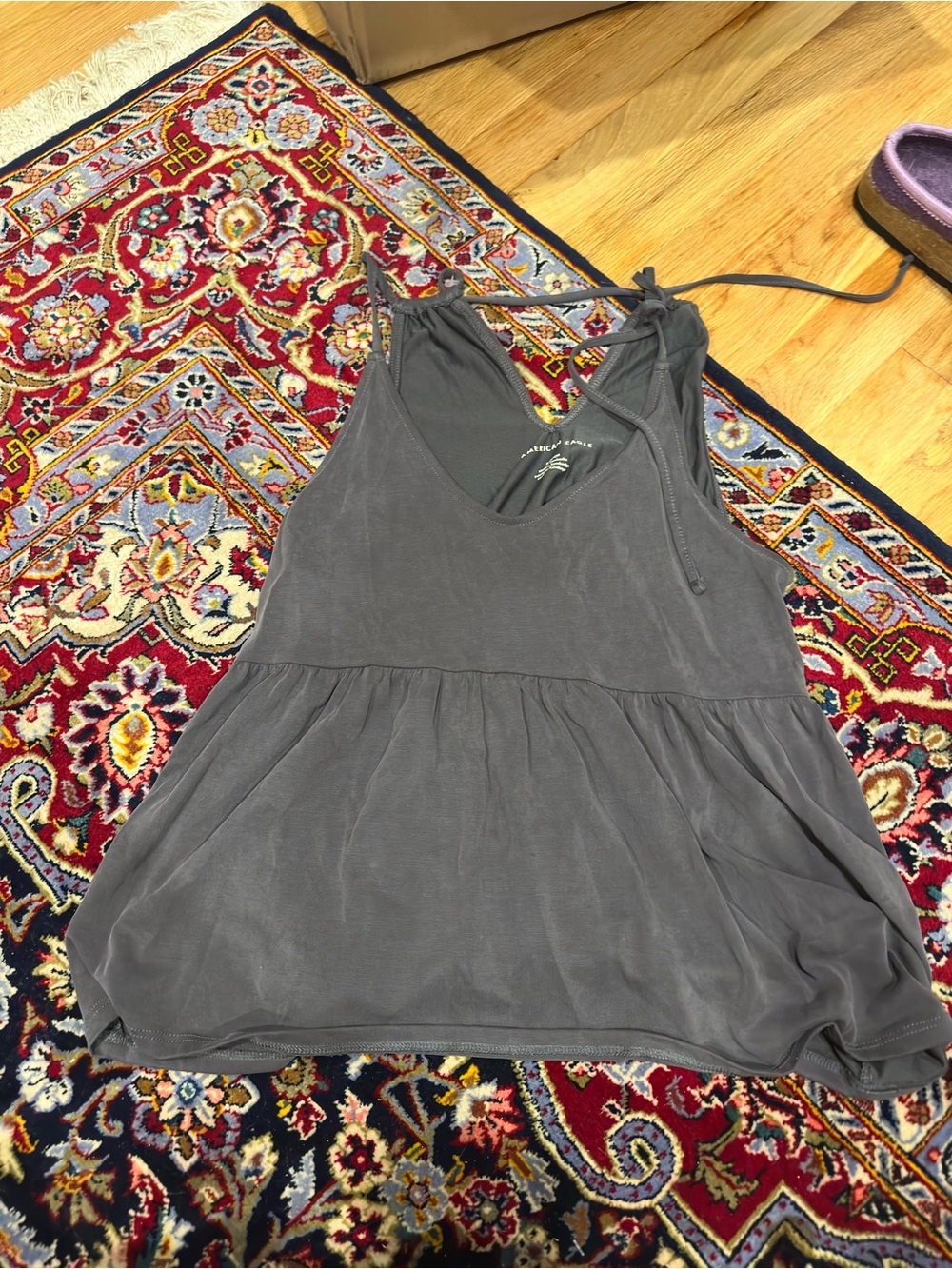 American Eagle Outfitters Charcoal Gray Tie-Shoulder Babydoll Tank